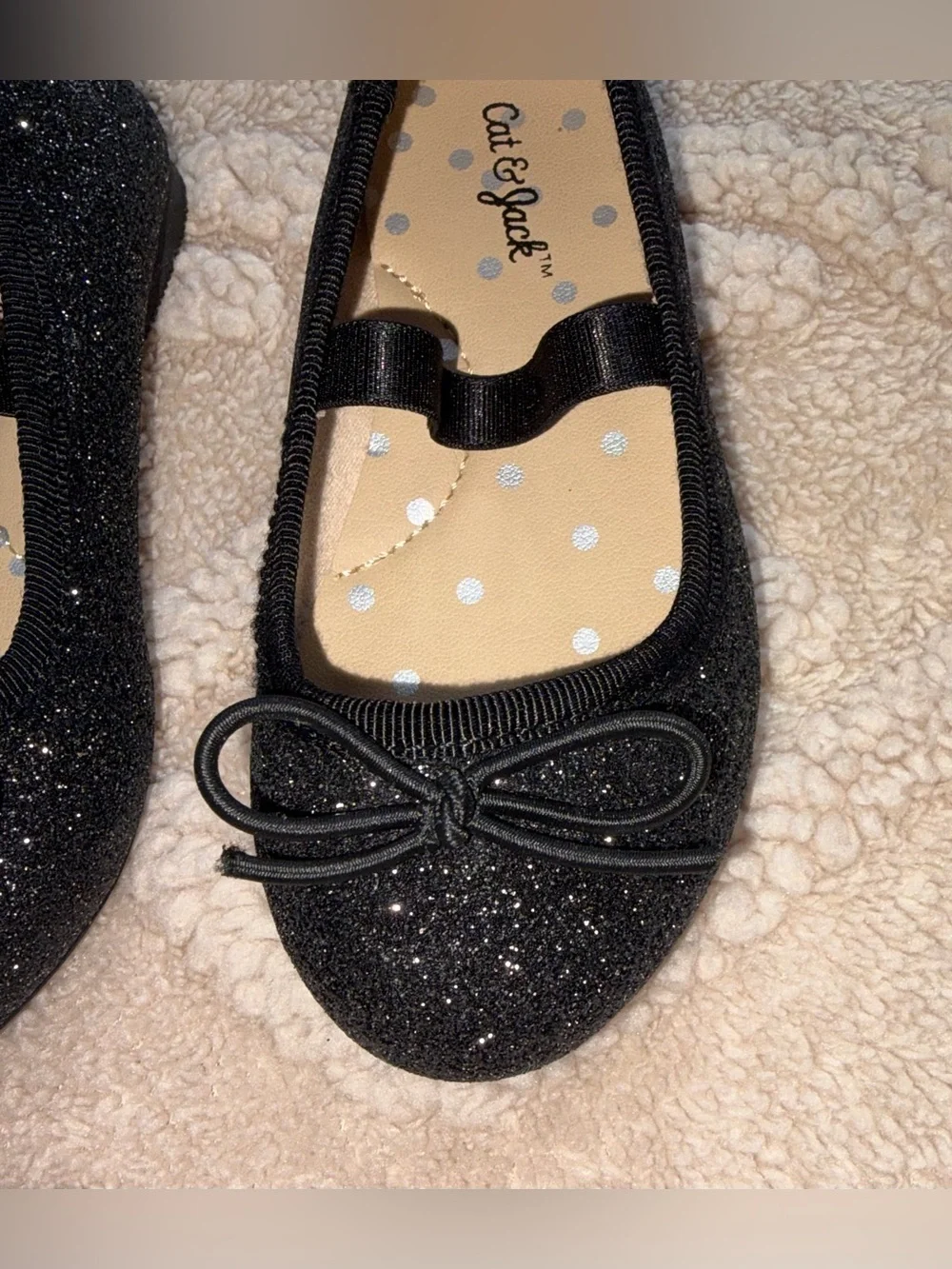 Cat & Jack Black Glitter Flats - Girl Slip On Sparkle Dress Shoes W/ Bow, Size 6